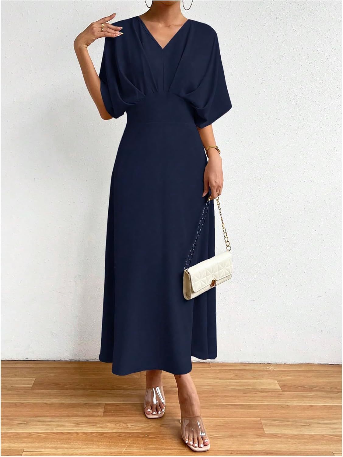 Women V Neck Ruched Evening Long Dress