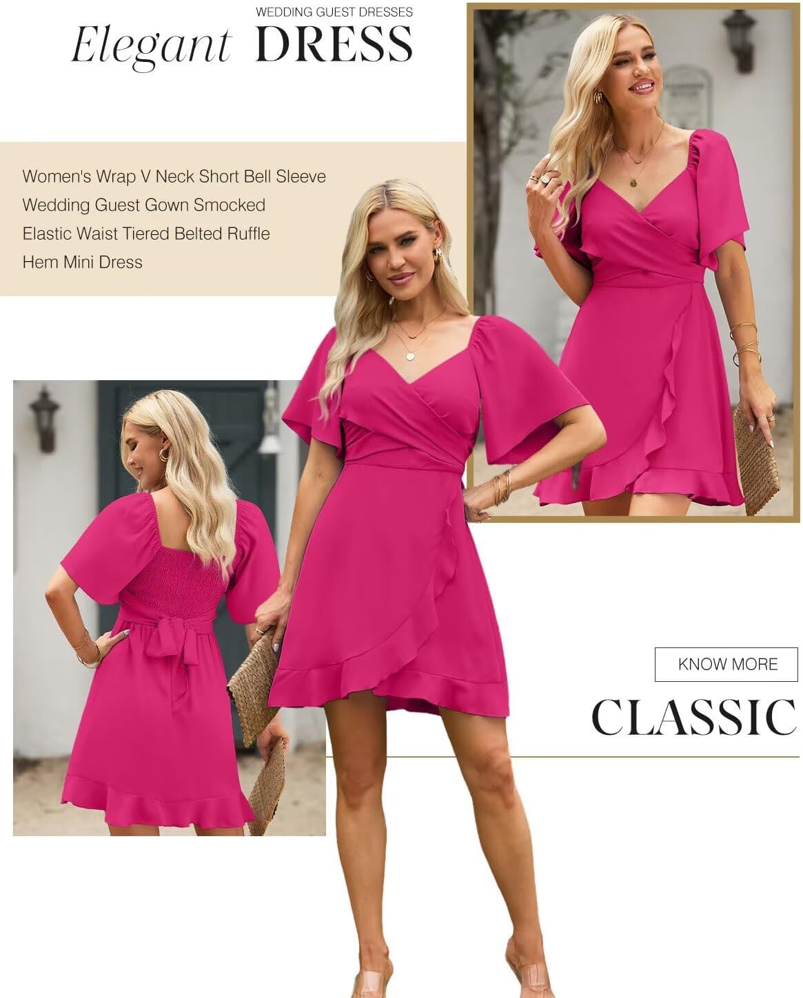 Women V Neck Wedding Guest Dress Smocked Elastic Waist Tiered Belted Mini Dress