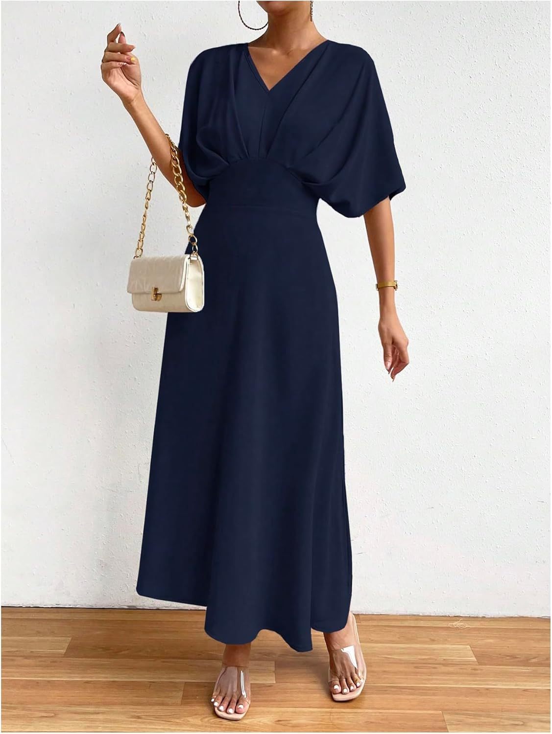 Women V Neck Ruched Evening Long Dress