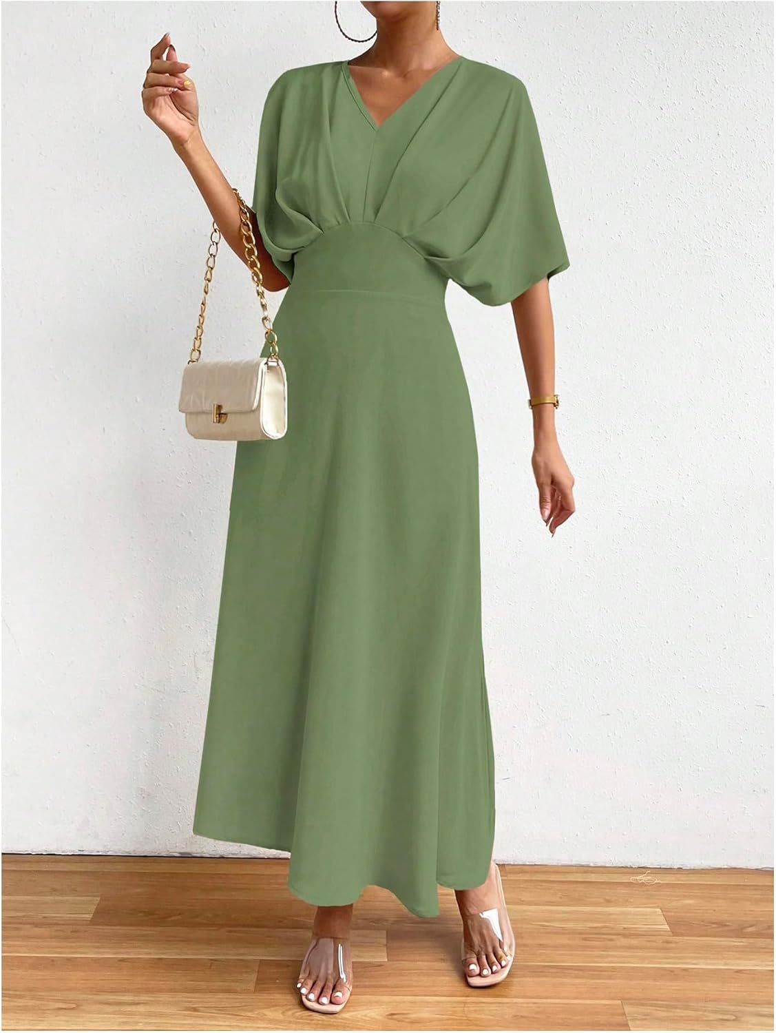 Women V Neck Ruched Evening Long Dress
