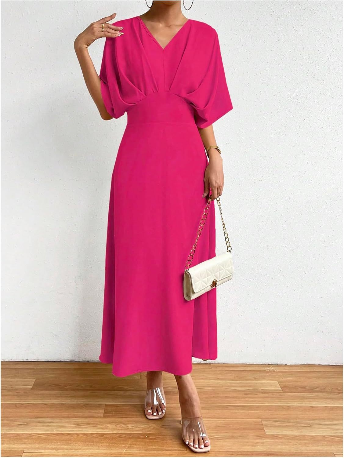 Women V Neck Ruched Evening Long Dress