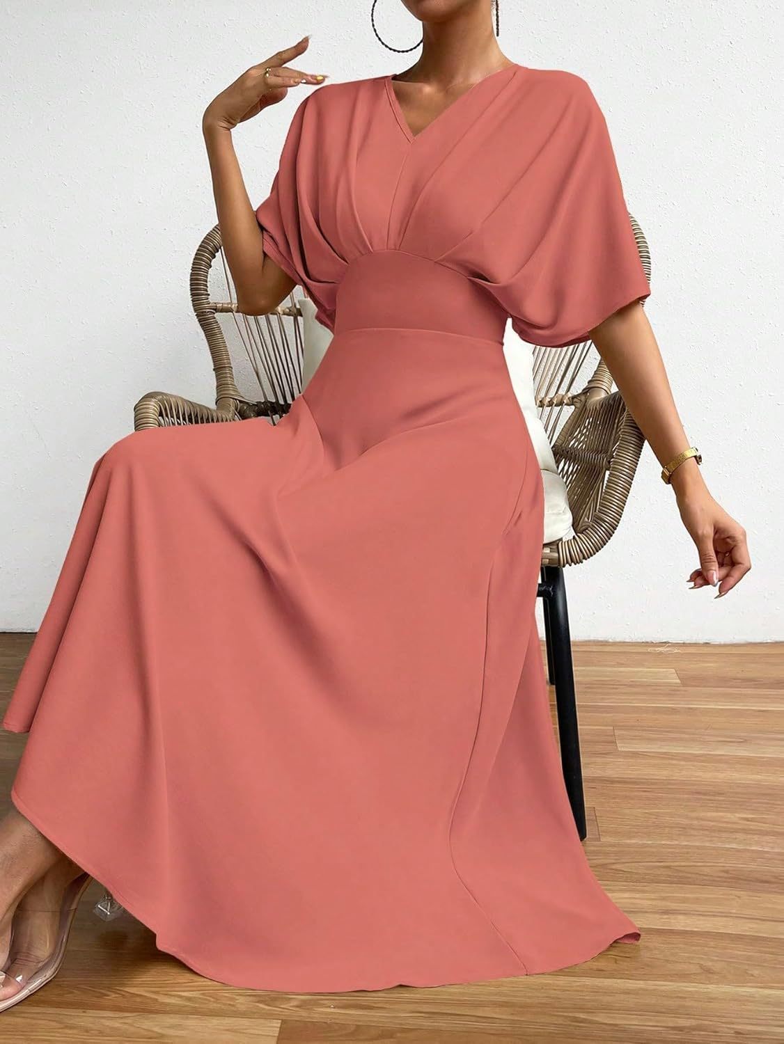 Women V Neck Ruched Evening Long Dress