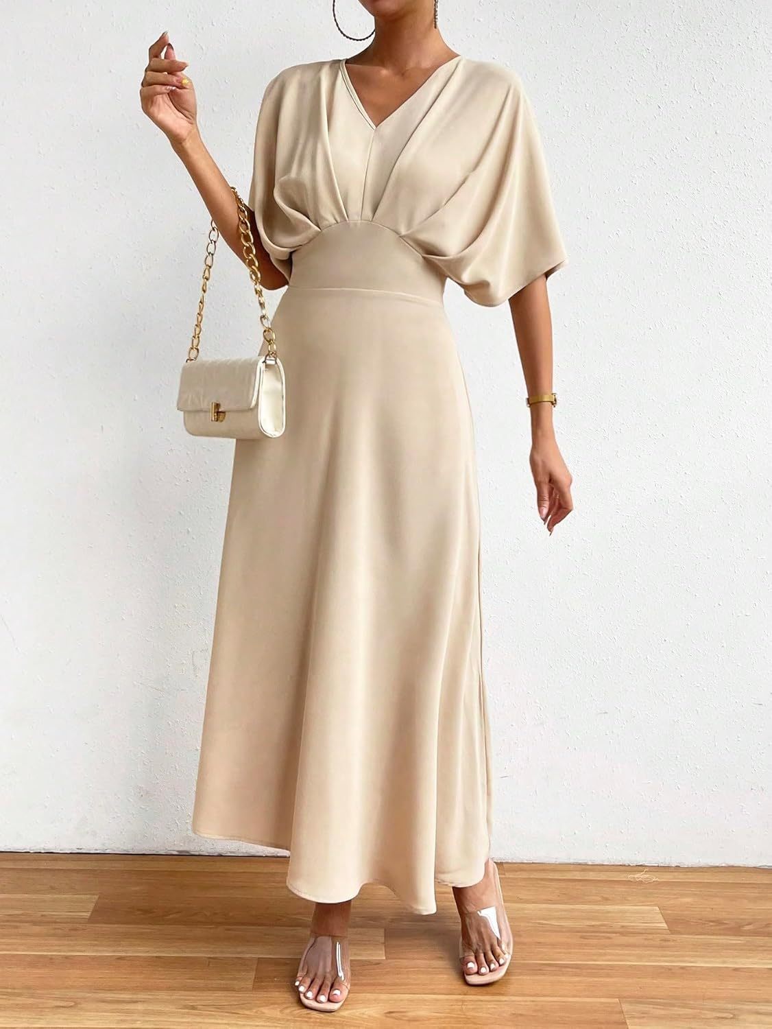 Women V Neck Ruched Evening Long Dress
