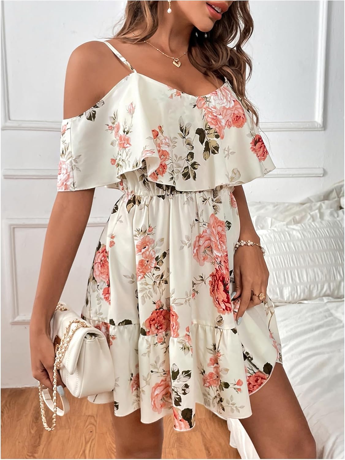 Women Cold Shoulder Dress Short Sleeve Vacation Elegant Mini Dresses
