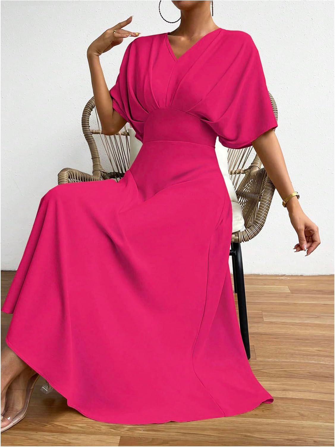 Women V Neck Ruched Evening Long Dress