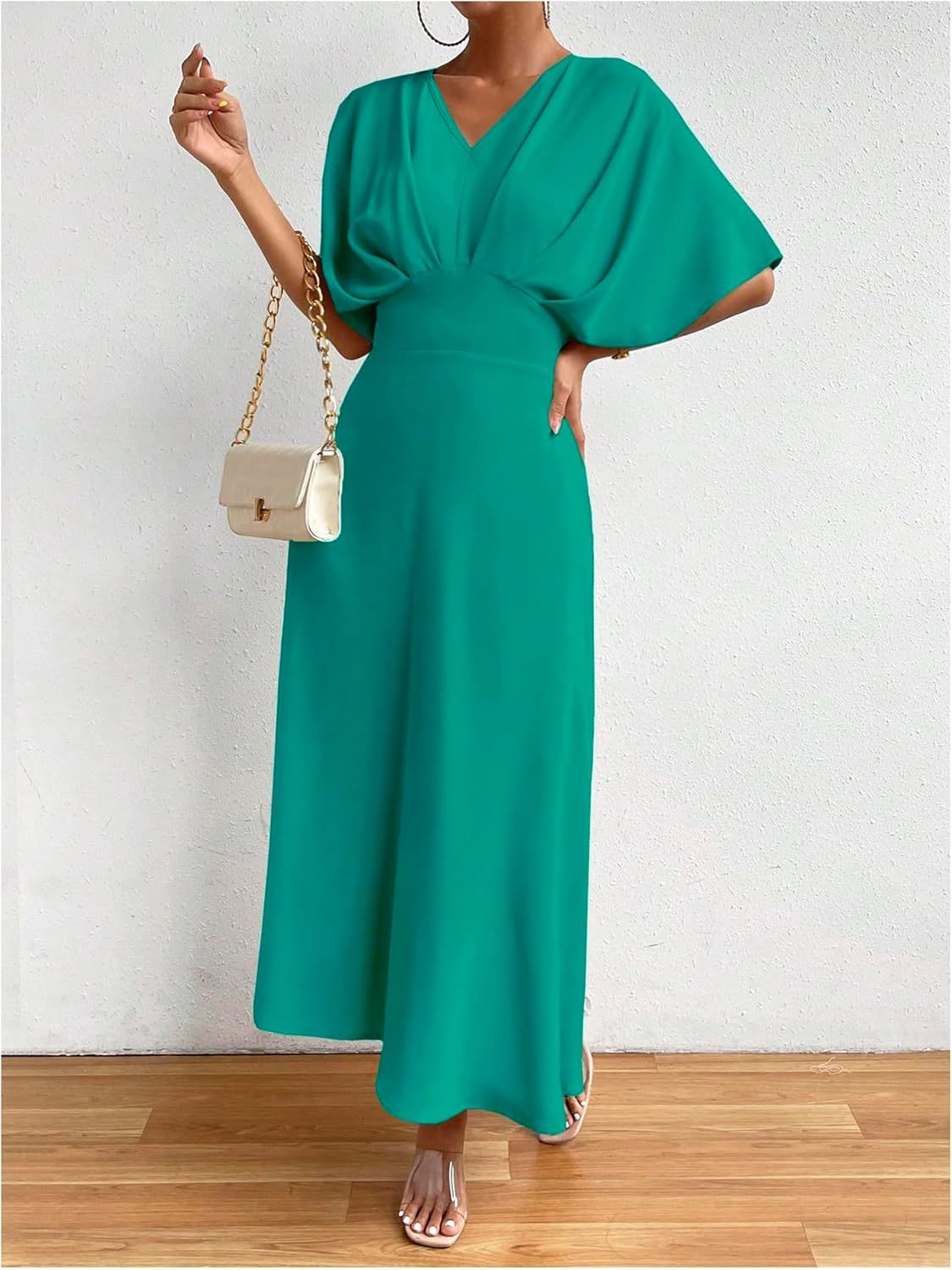 Women V Neck Ruched Evening Long Dress