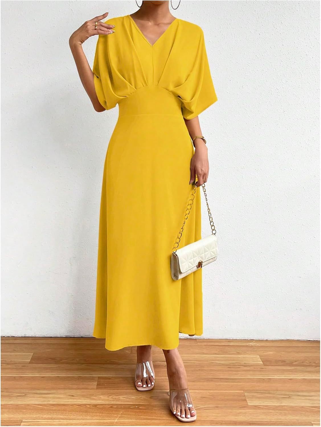 Women V Neck Ruched Evening Long Dress