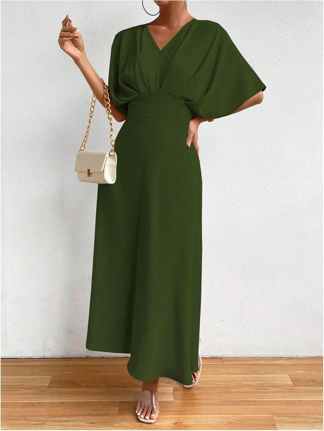 Women V Neck Ruched Evening Long Dress