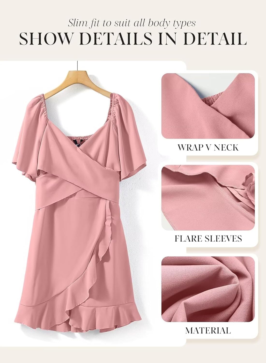Women V Neck Wedding Guest Dress Smocked Elastic Waist Tiered Belted Mini Dress