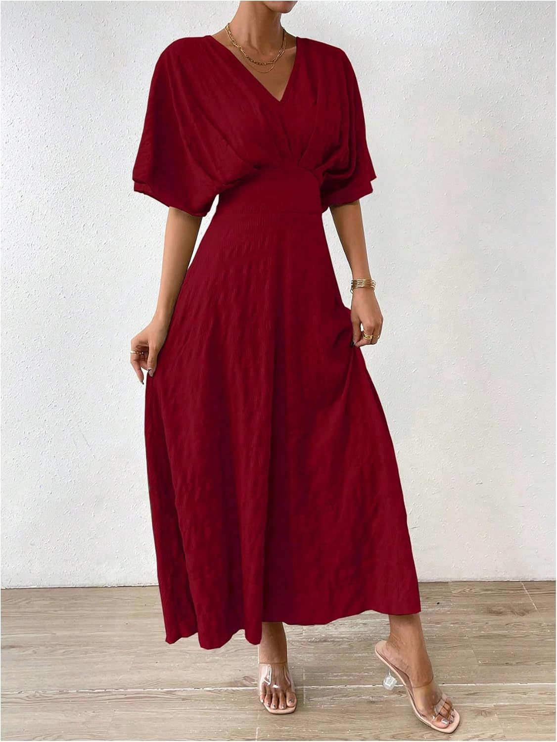 Women V Neck Ruched Evening Long Dress