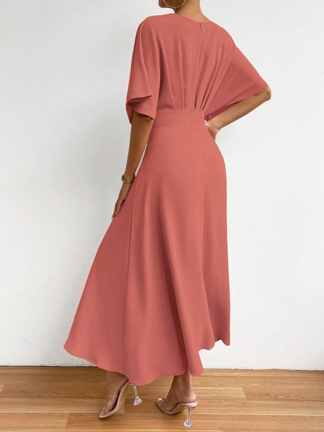 Women V Neck Ruched Evening Long Dress