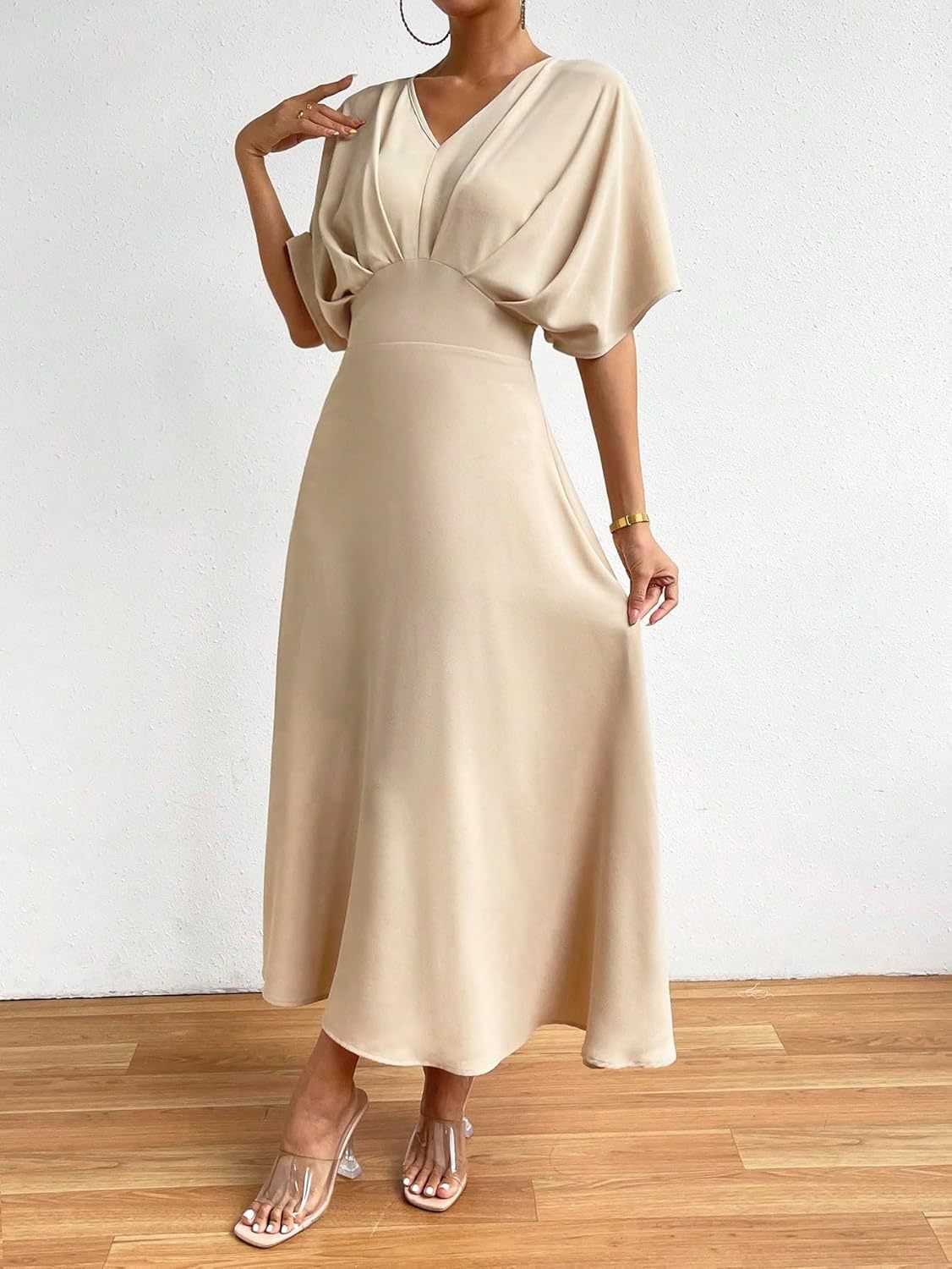 Women V Neck Ruched Evening Long Dress