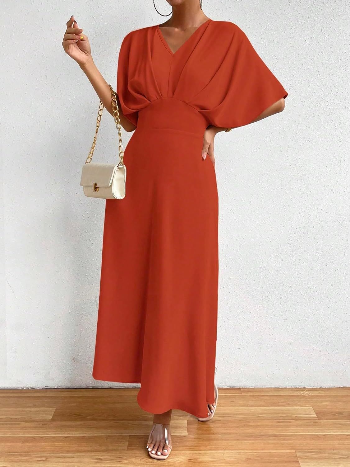 Women V Neck Ruched Evening Long Dress
