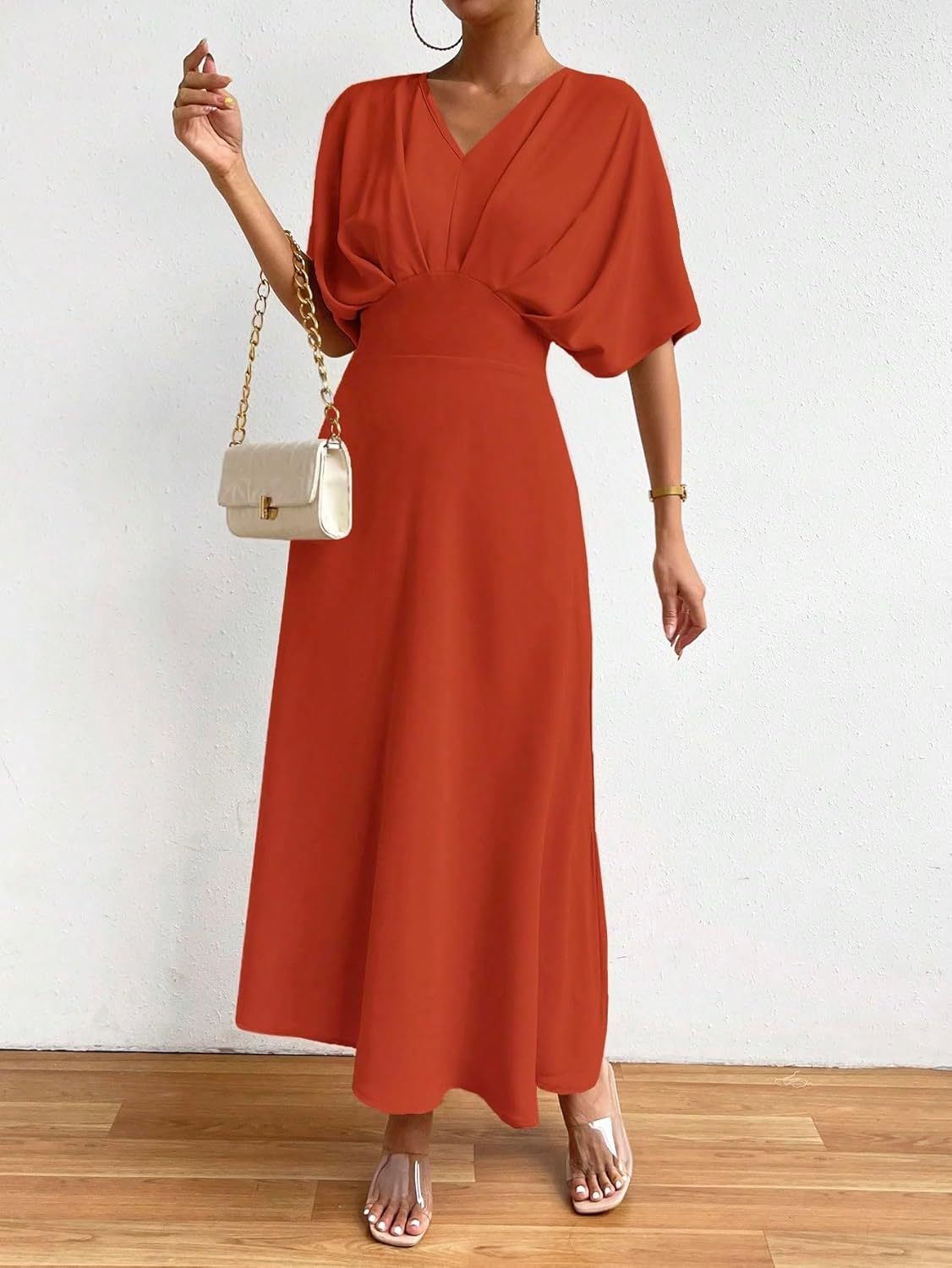 Women V Neck Ruched Evening Long Dress