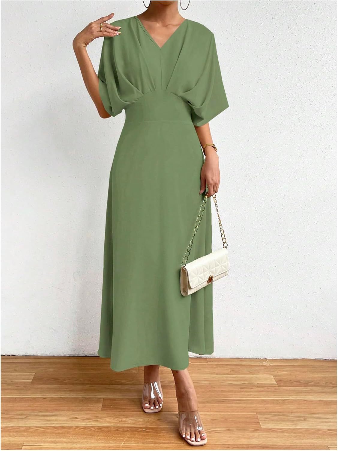 Women V Neck Ruched Evening Long Dress