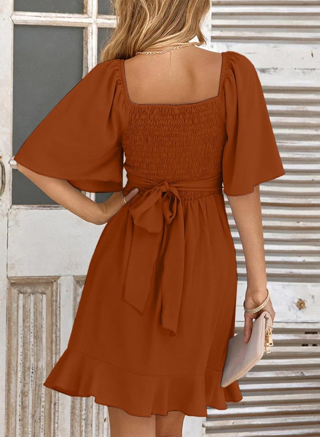 Women V Neck Wedding Guest Dress Smocked Elastic Waist Tiered Belted Mini Dress