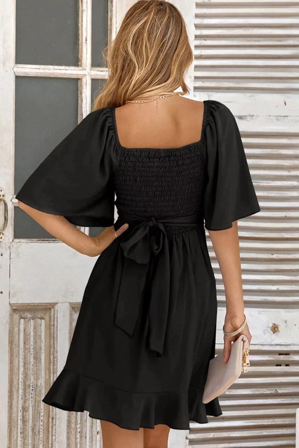 Women V Neck Wedding Guest Dress Smocked Elastic Waist Tiered Belted Mini Dress