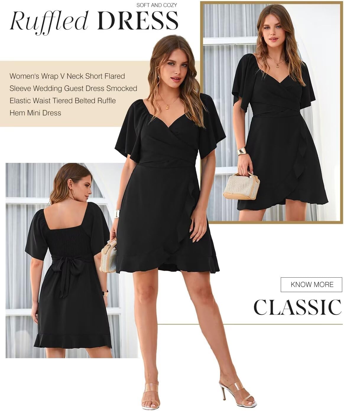 Women V Neck Wedding Guest Dress Smocked Elastic Waist Tiered Belted Mini Dress