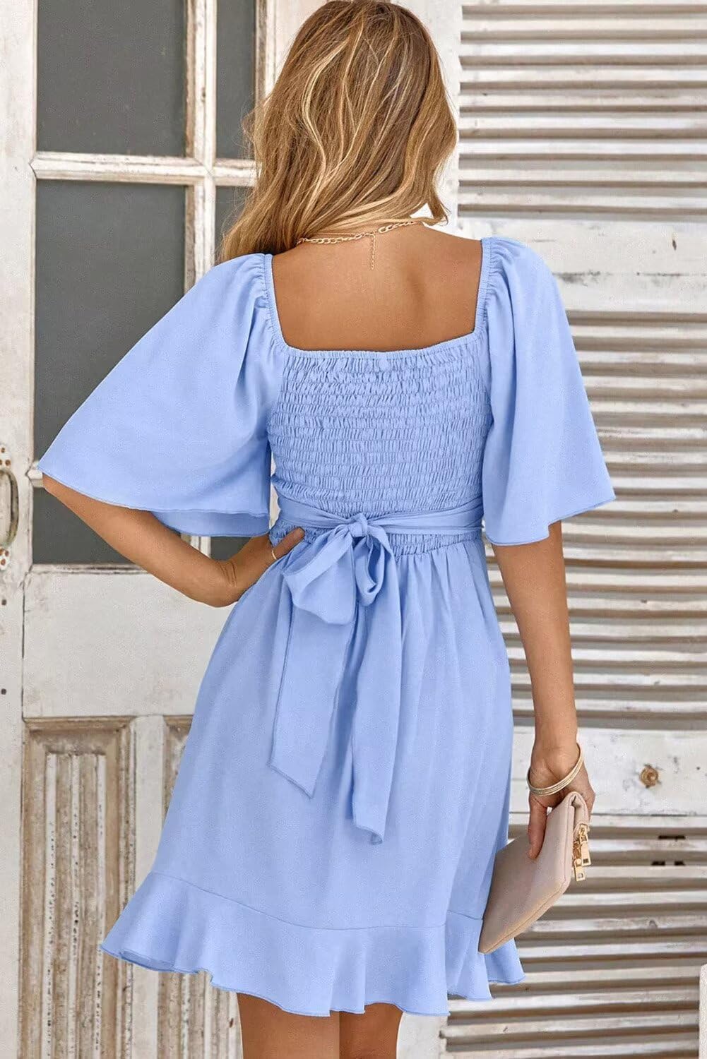 Women V Neck Wedding Guest Dress Smocked Elastic Waist Tiered Belted Mini Dress