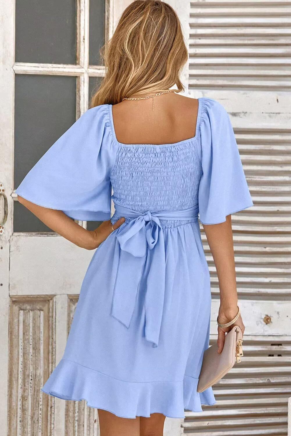 Women V Neck Wedding Guest Dress Smocked Elastic Waist Tiered Belted Mini Dress