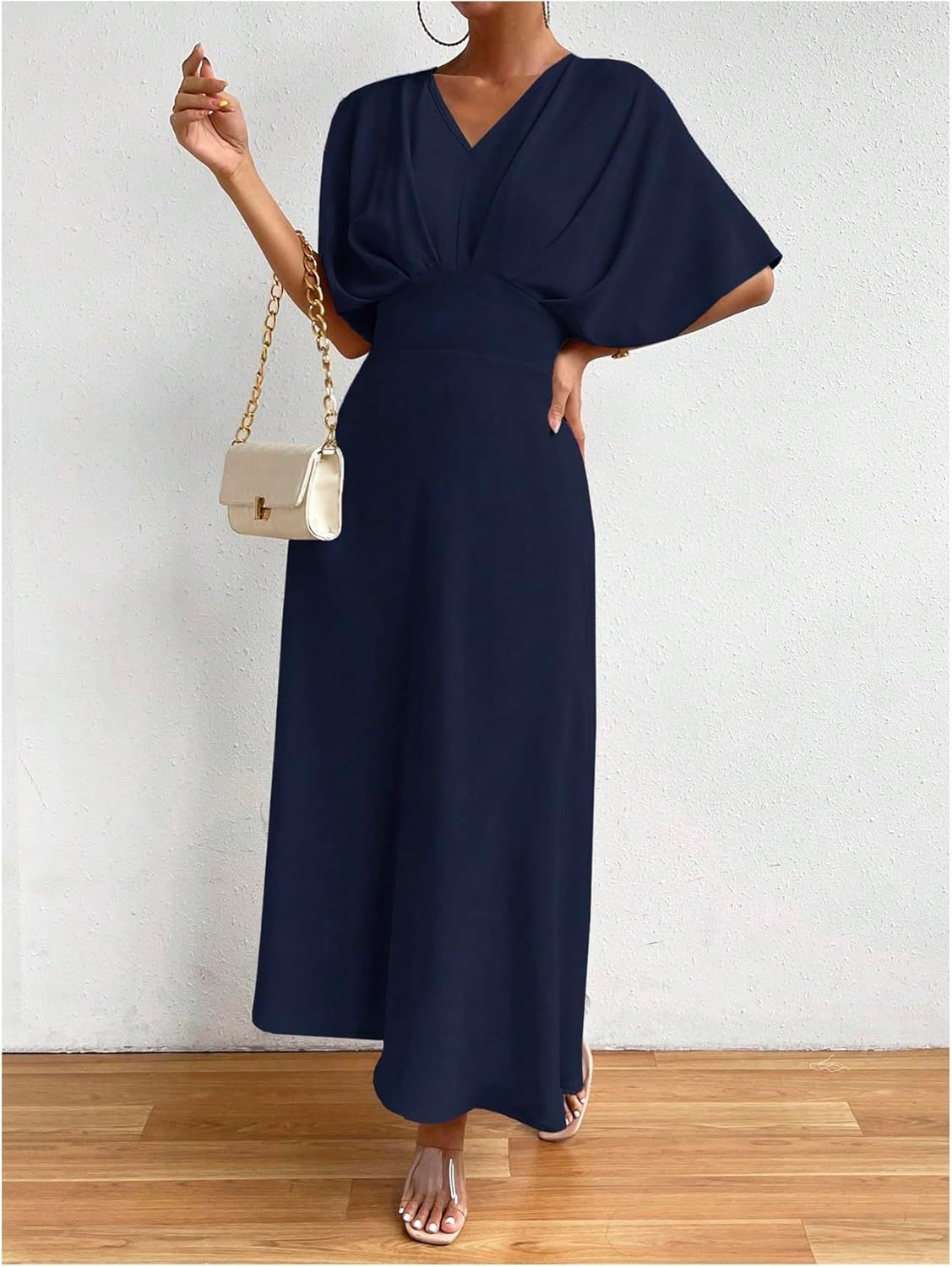 Women V Neck Ruched Evening Long Dress