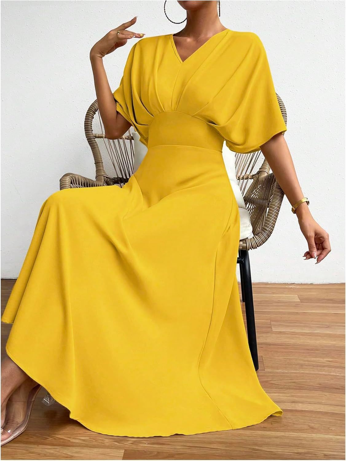 Women V Neck Ruched Evening Long Dress