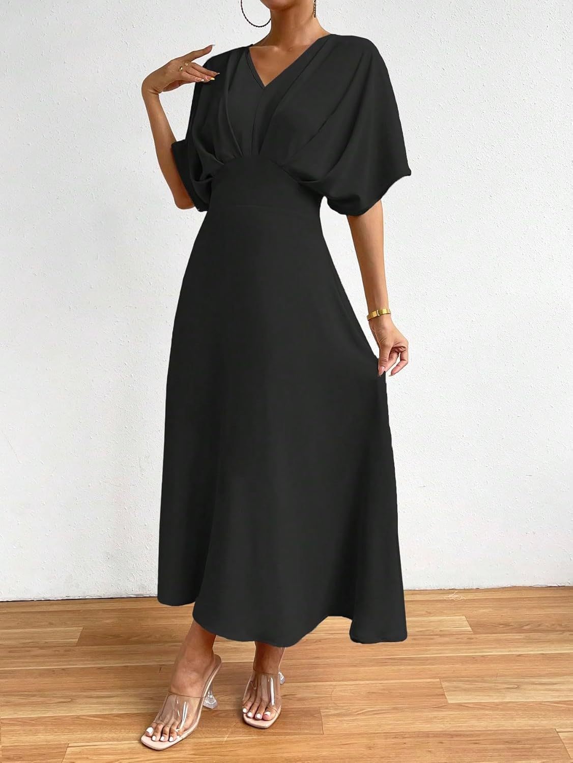 Women V Neck Ruched Evening Long Dress