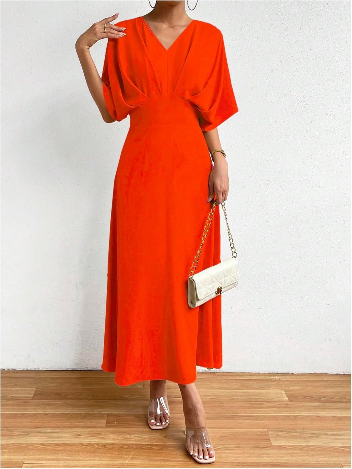 Women V Neck Ruched Evening Long Dress