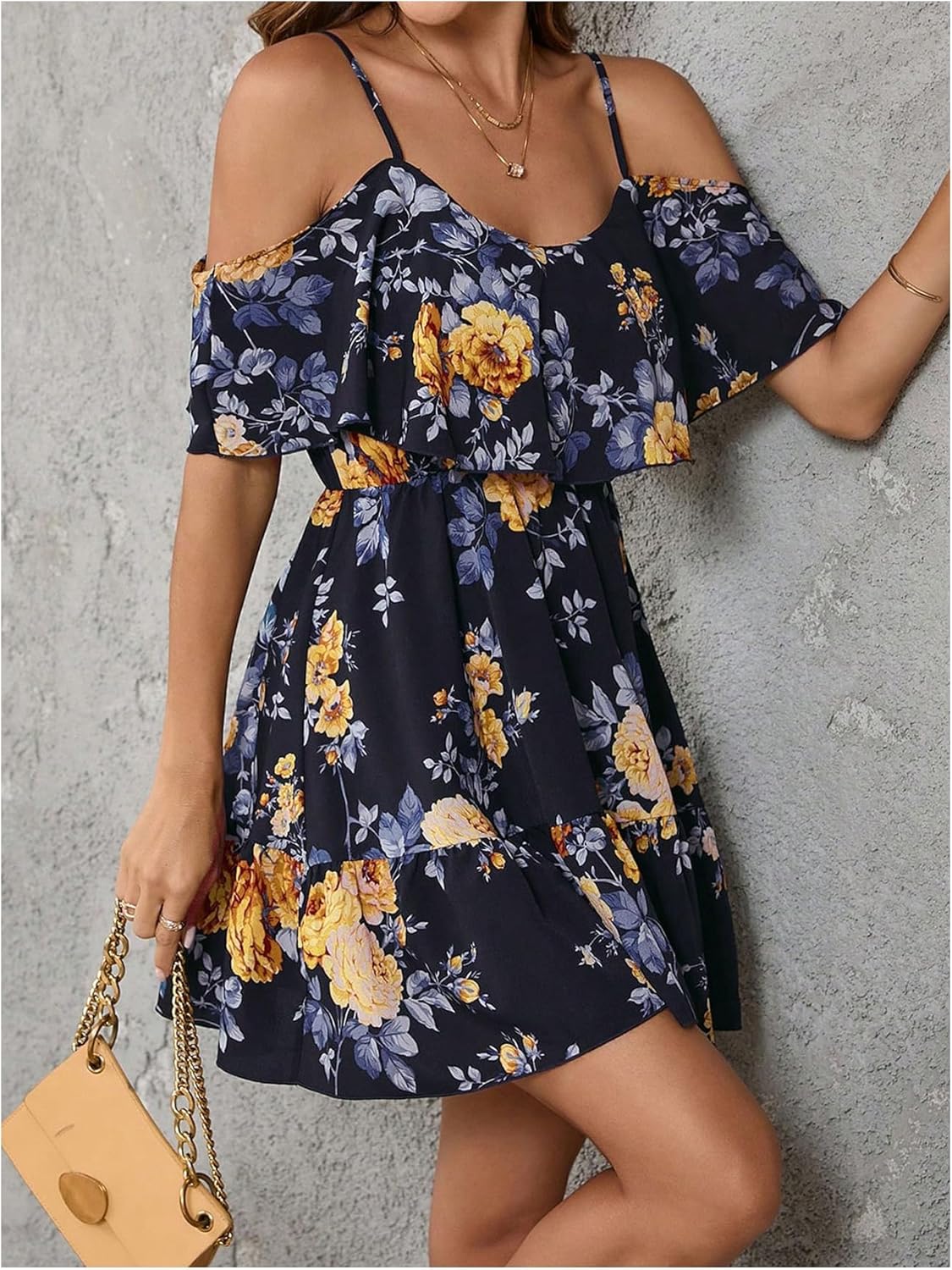 Women Cold Shoulder Dress Short Sleeve Vacation Elegant Mini Dresses
