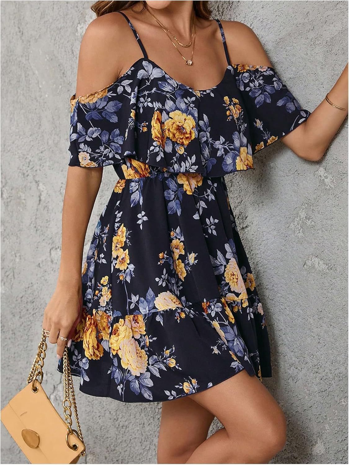 Women Cold Shoulder Dress Short Sleeve Vacation Elegant Mini Dresses