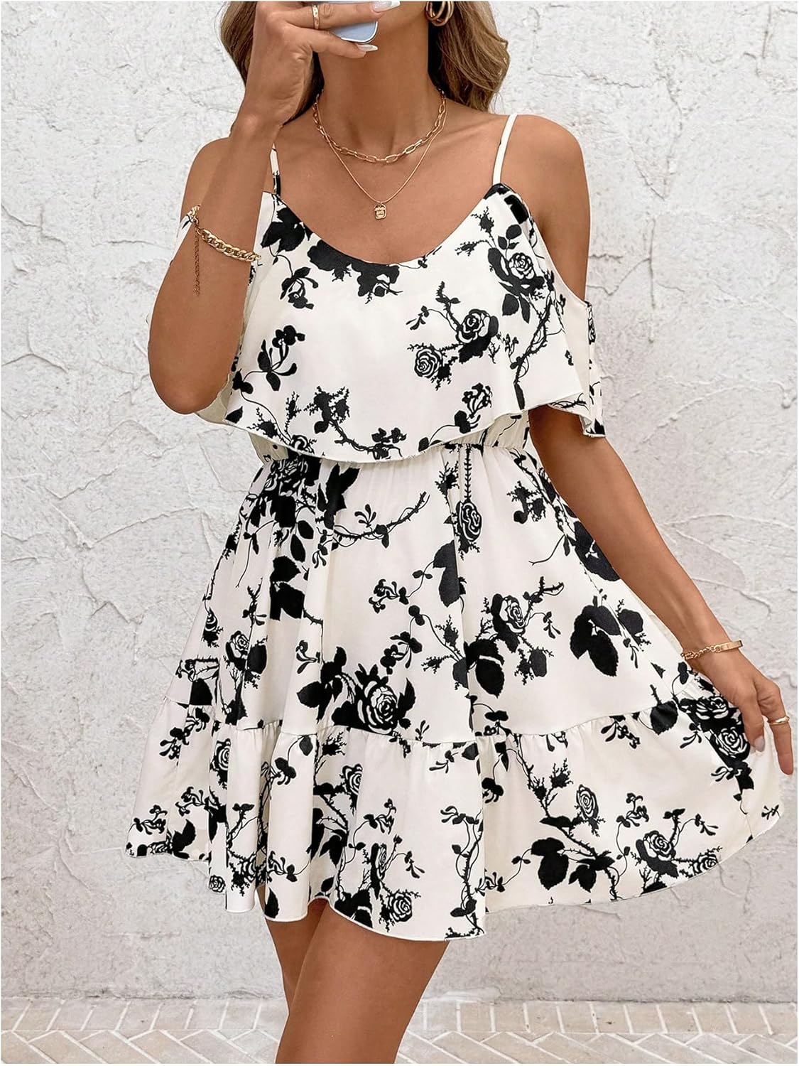 Women Cold Shoulder Dress Short Sleeve Vacation Elegant Mini Dresses