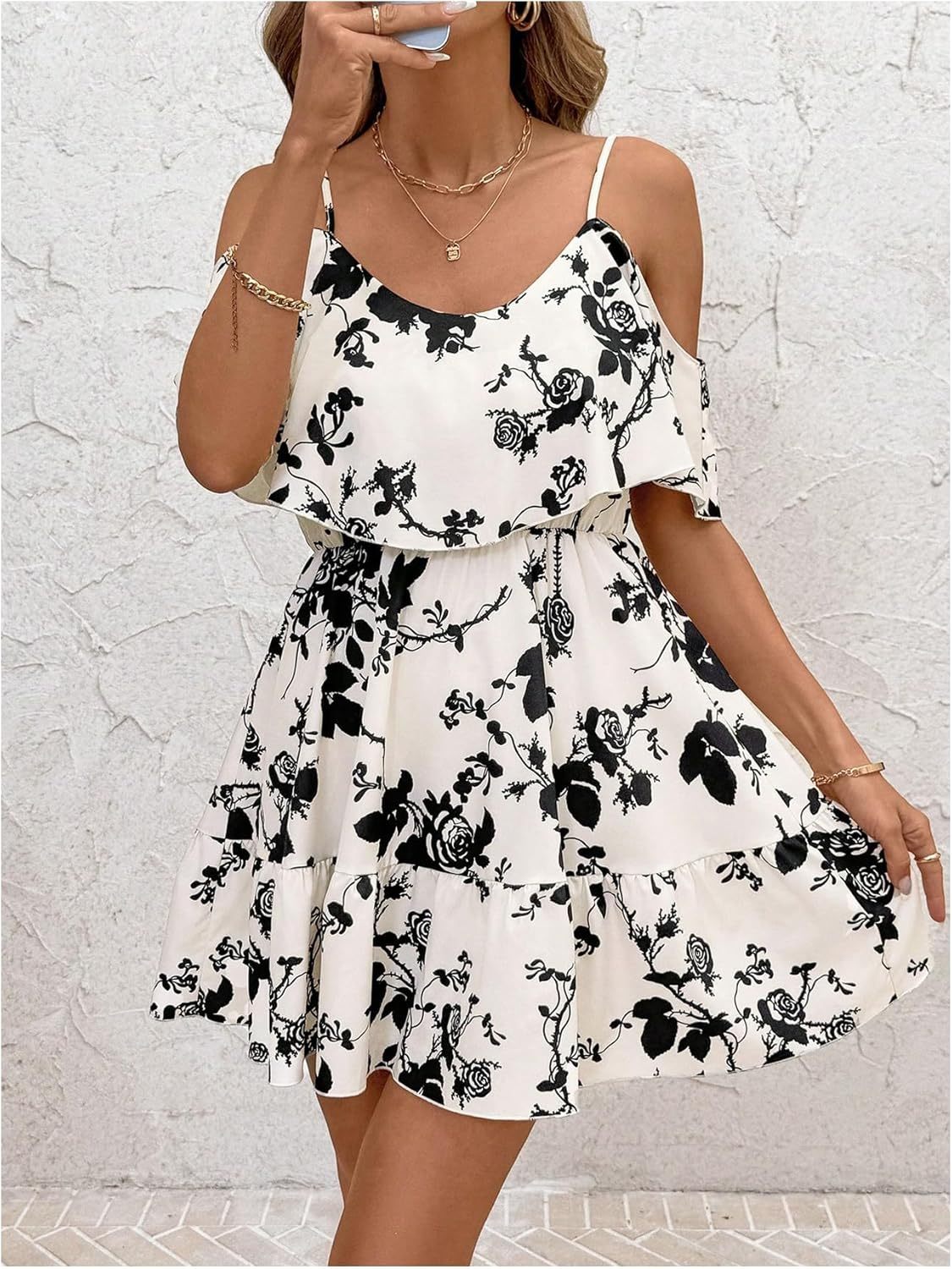 Women Cold Shoulder Dress Short Sleeve Vacation Elegant Mini Dresses