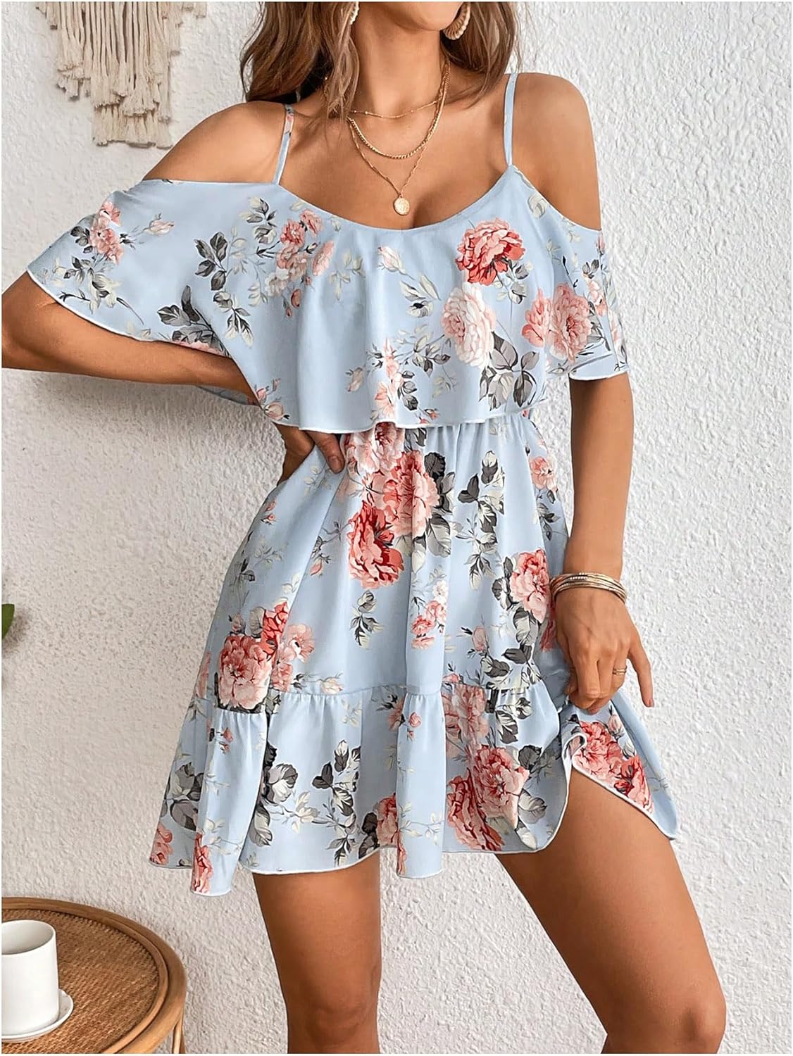 Women Cold Shoulder Dress Short Sleeve Vacation Elegant Mini Dresses