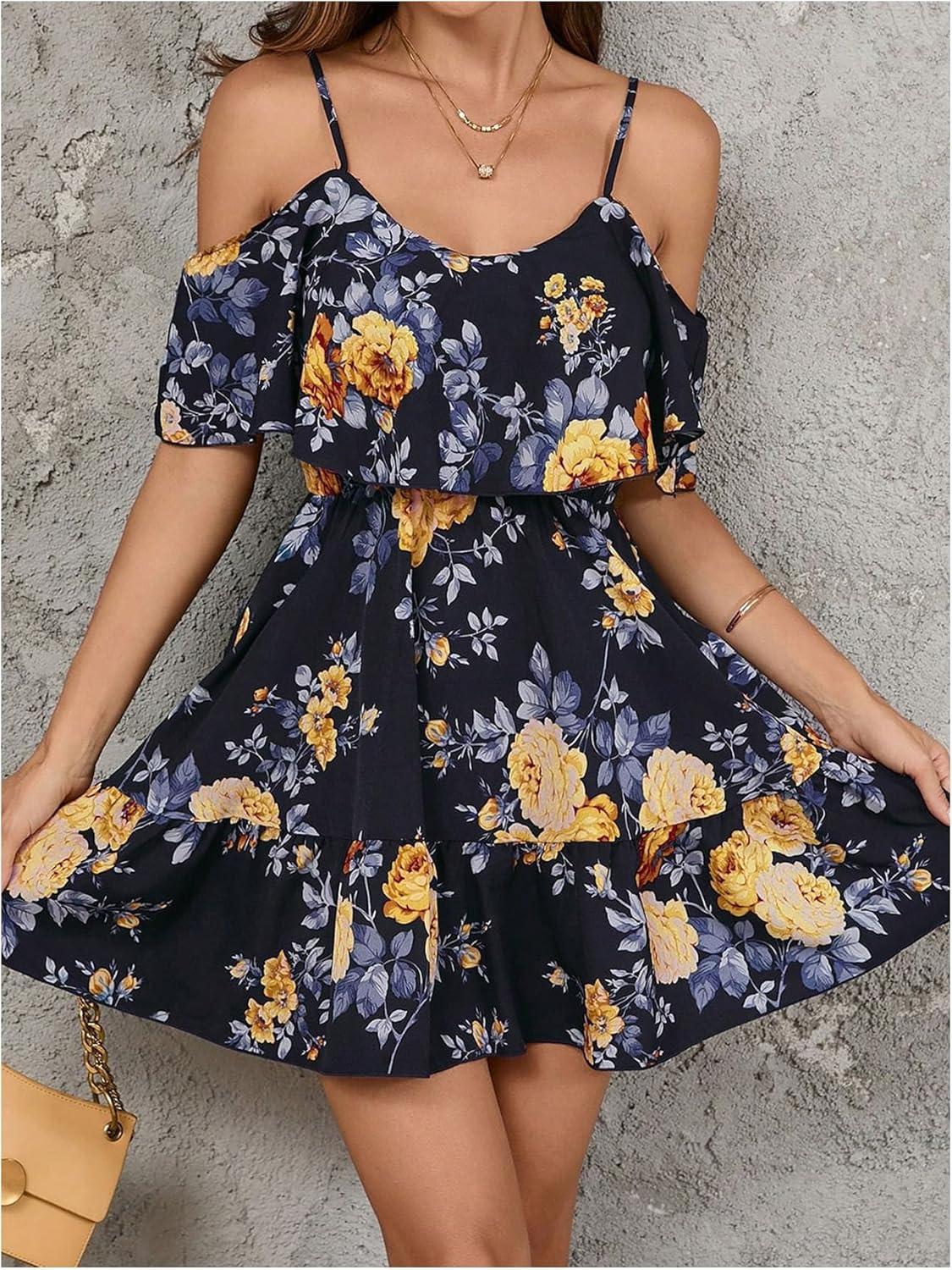 Women Cold Shoulder Dress Short Sleeve Vacation Elegant Mini Dresses