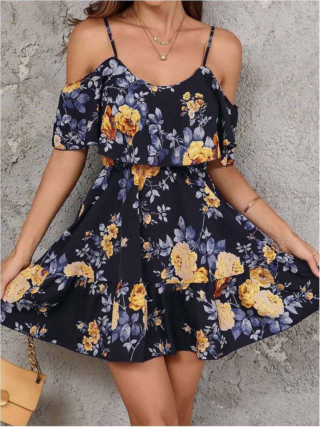 Women Cold Shoulder Dress Short Sleeve Vacation Elegant Mini Dresses