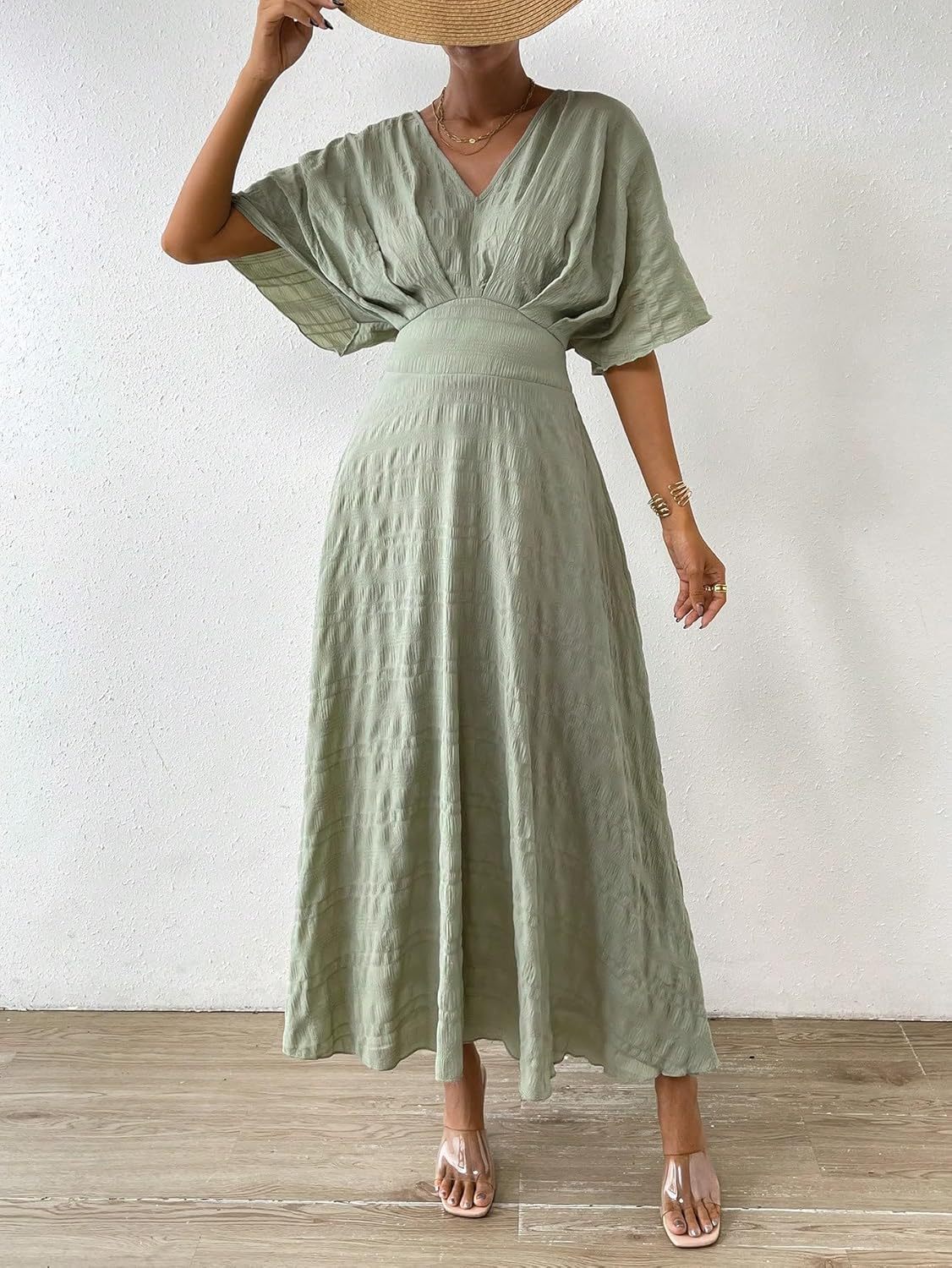 Women V Neck Ruched Evening Long Dress