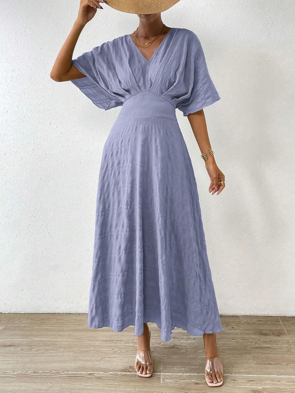 Women V Neck Ruched Evening Long Dress