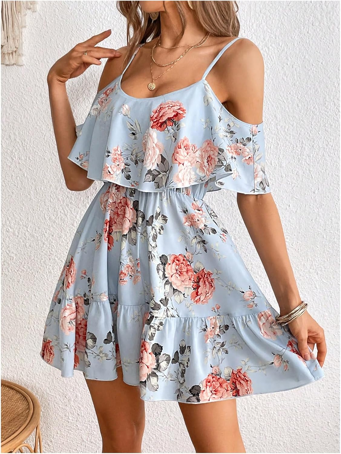 Women Cold Shoulder Dress Short Sleeve Vacation Elegant Mini Dresses