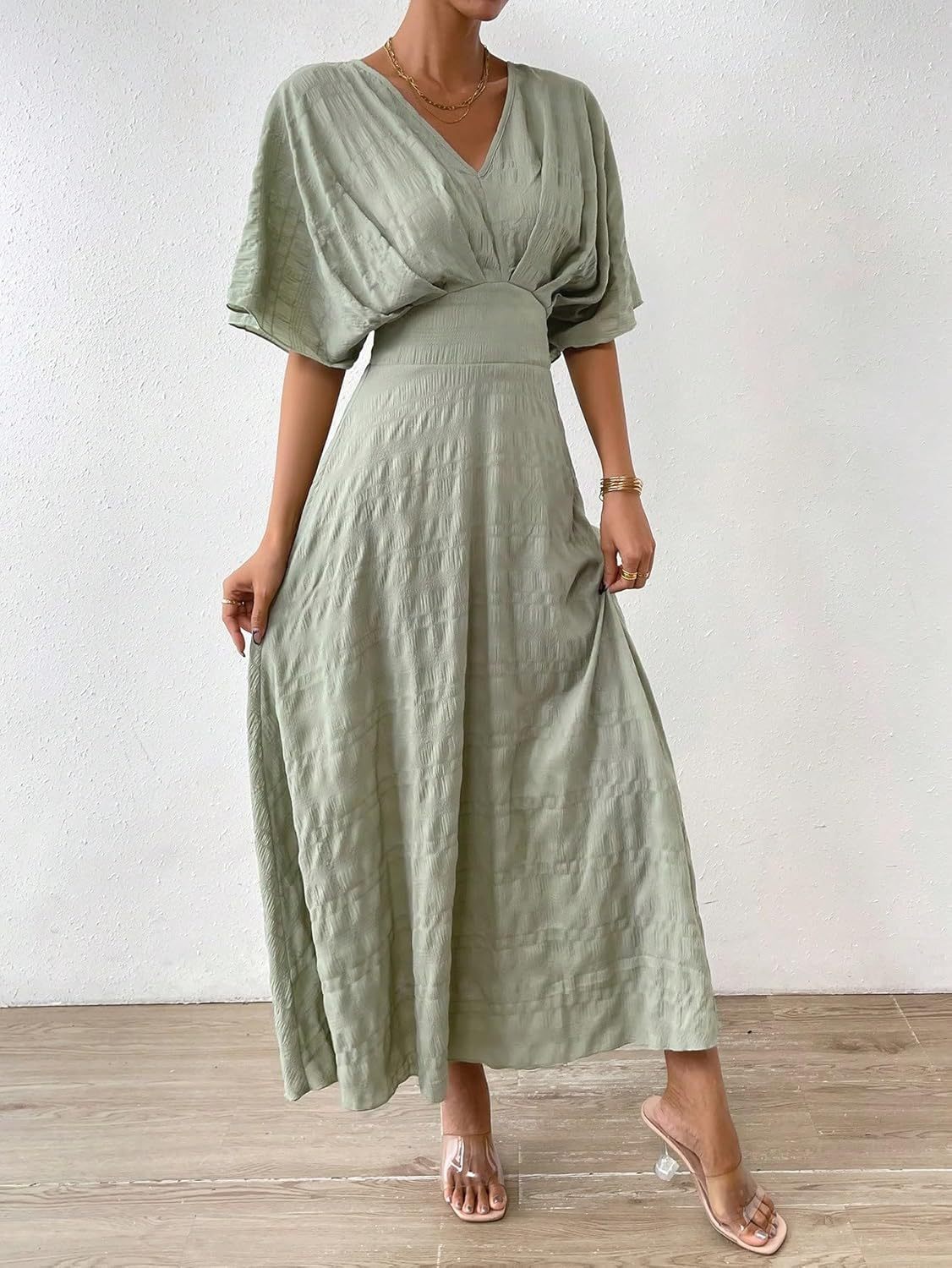 Women V Neck Ruched Evening Long Dress