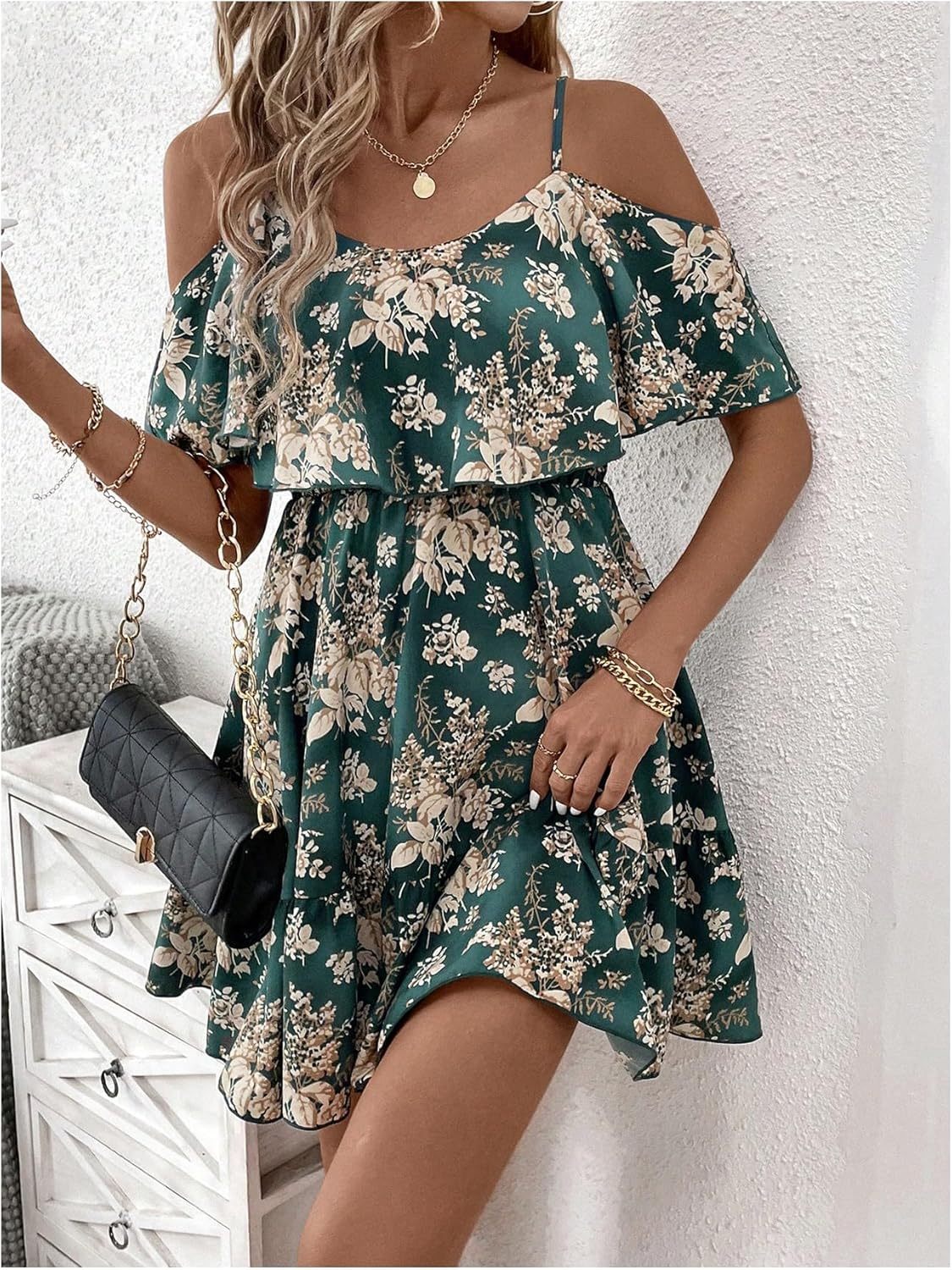 Women Cold Shoulder Dress Short Sleeve Vacation Elegant Mini Dresses