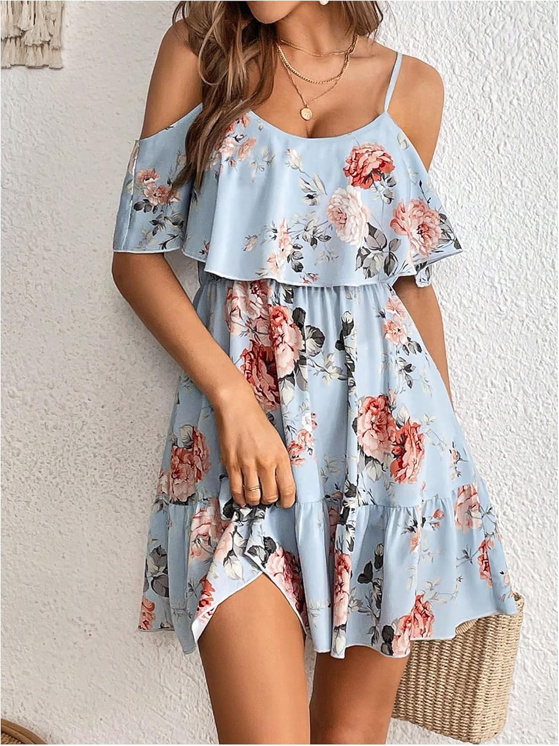 Women Cold Shoulder Dress Short Sleeve Vacation Elegant Mini Dresses