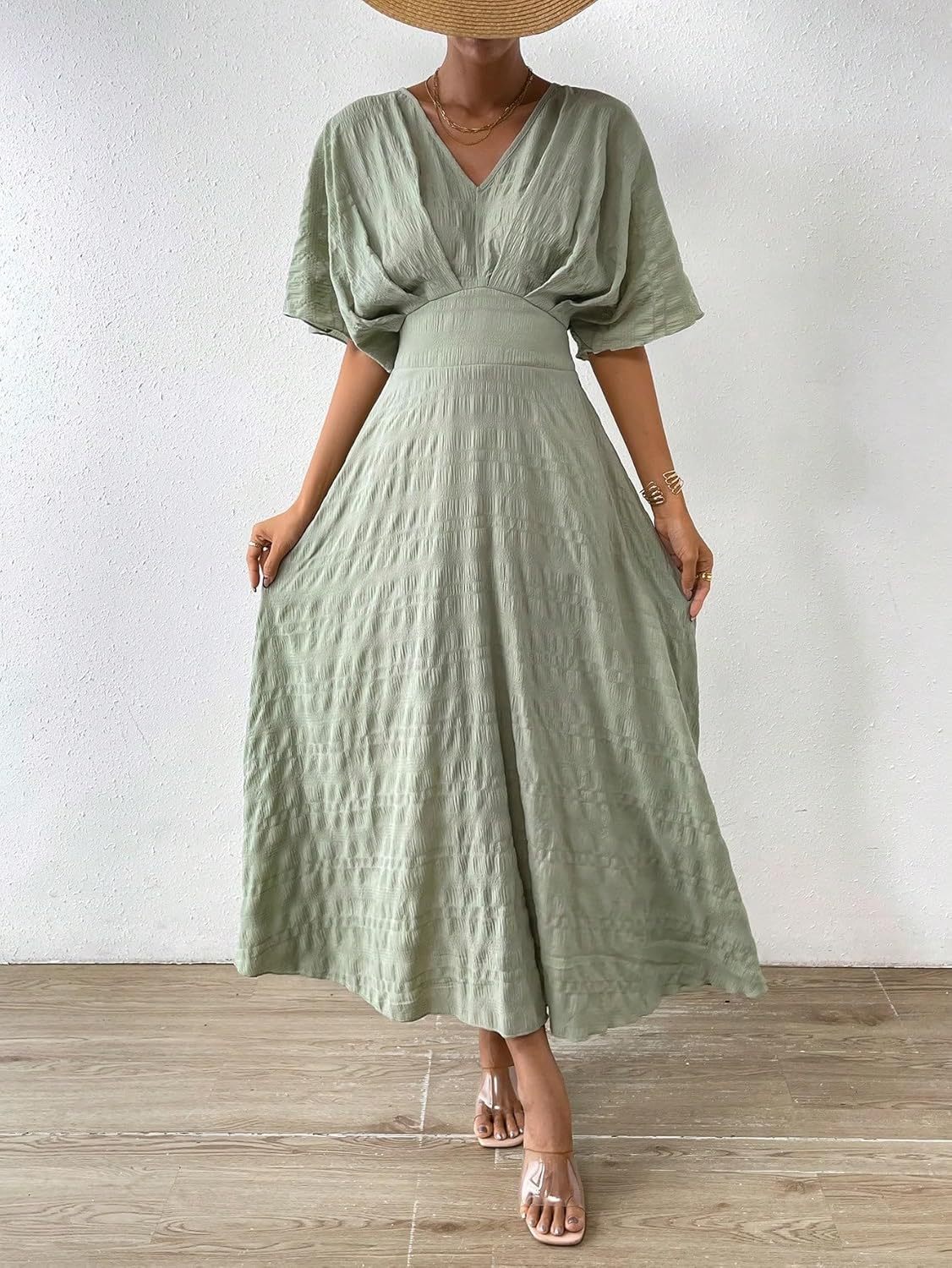 Women V Neck Ruched Evening Long Dress