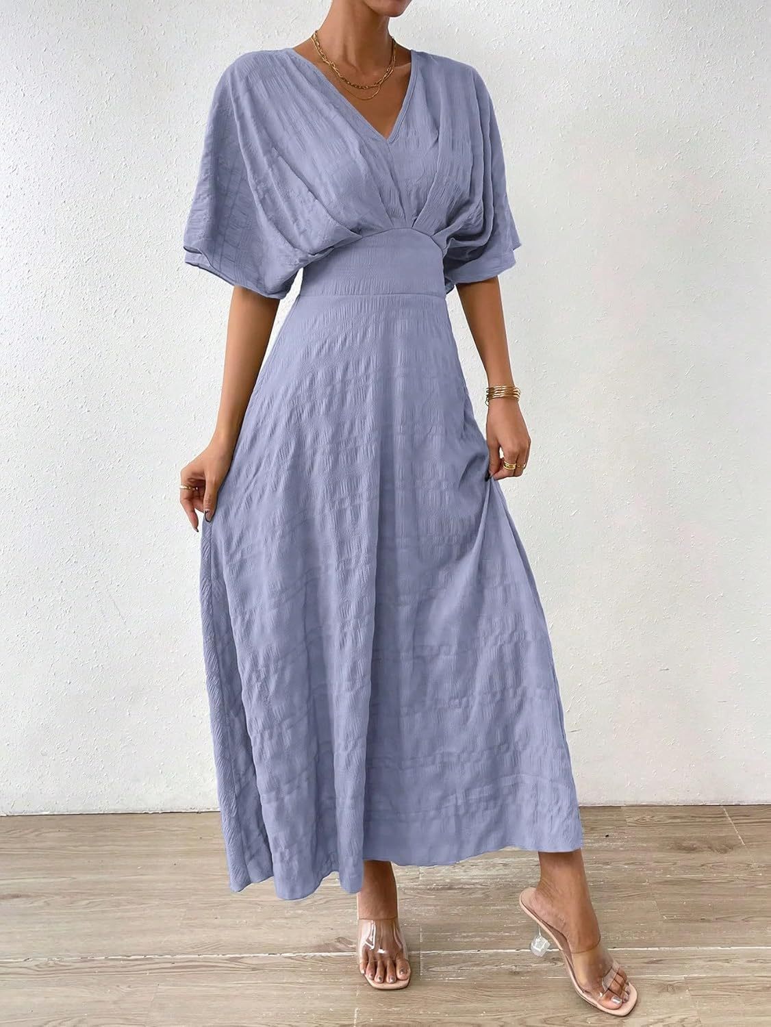 Women V Neck Ruched Evening Long Dress
