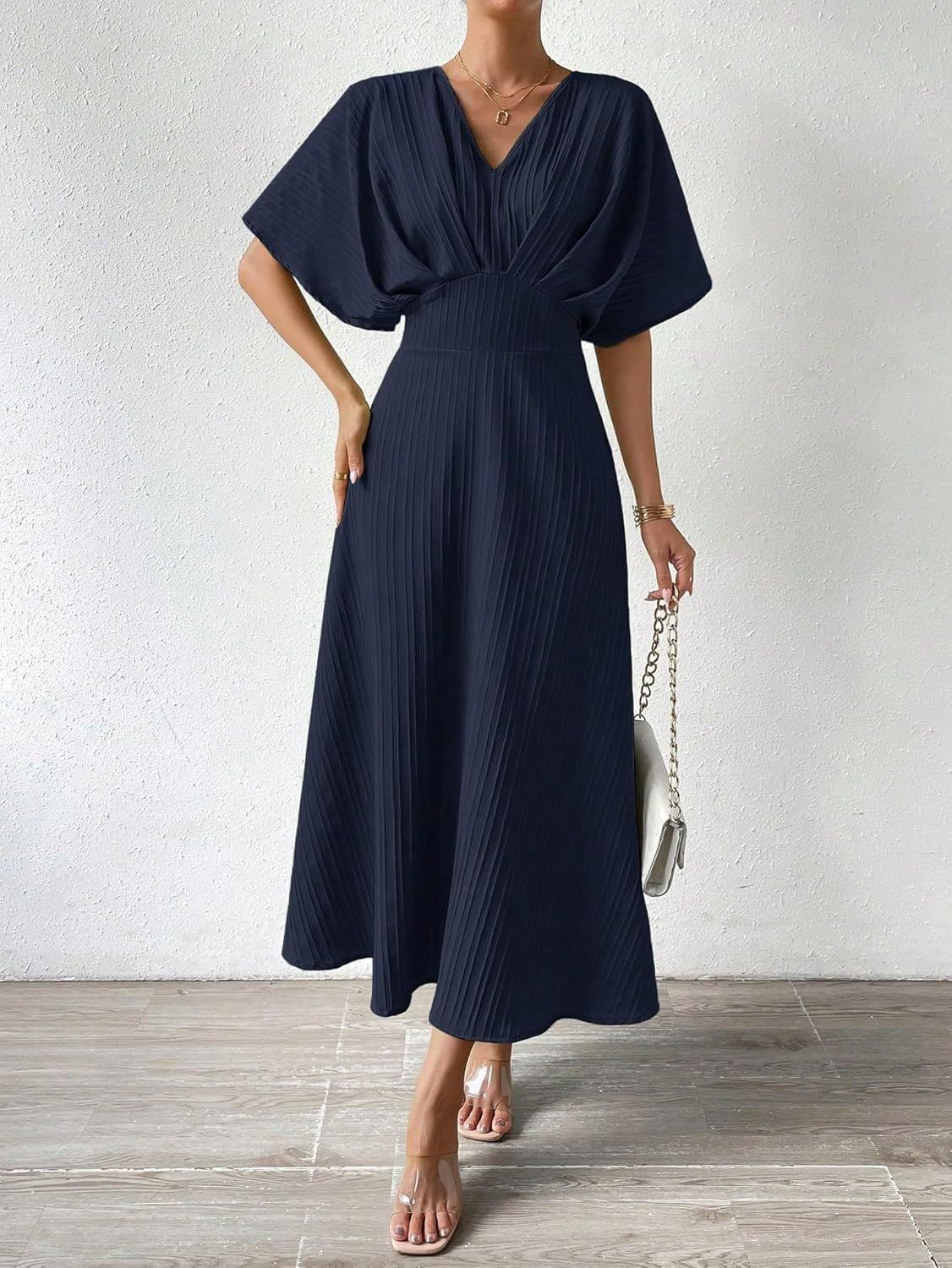 Women V Neck Ruched Evening Long Dress