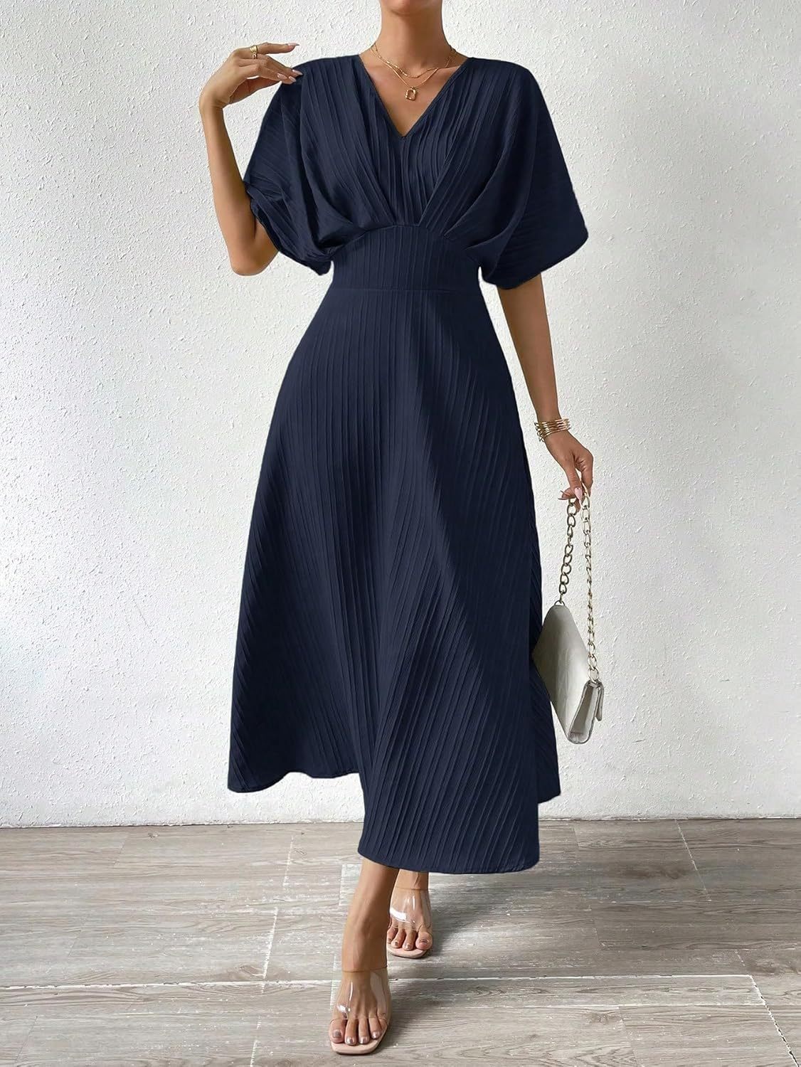 Women V Neck Ruched Evening Long Dress
