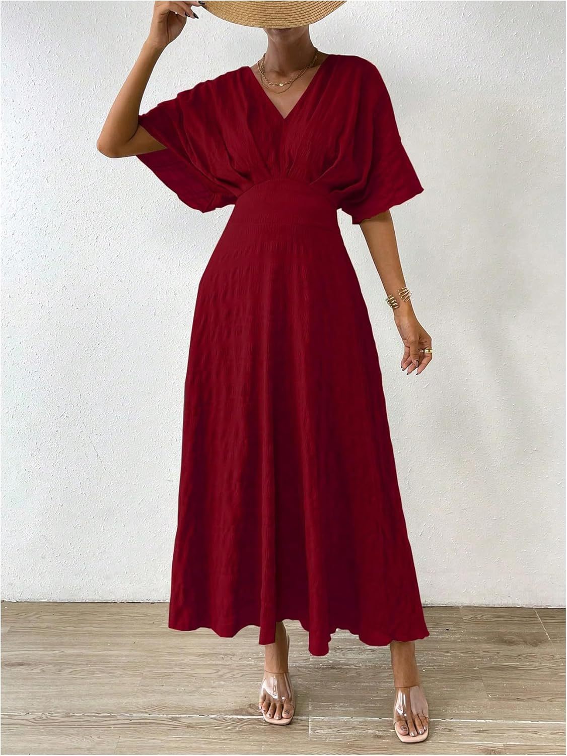 Women V Neck Ruched Evening Long Dress