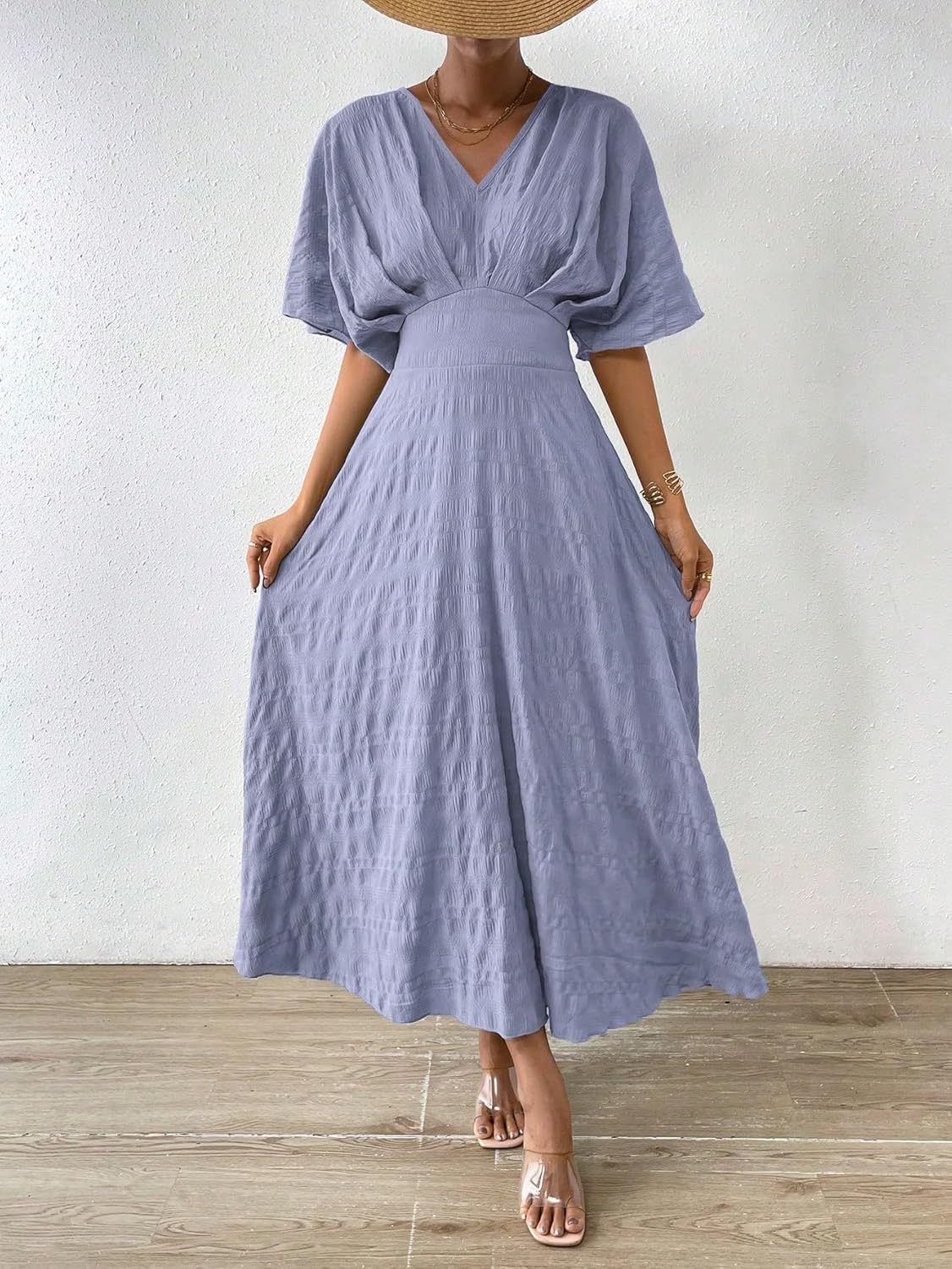 Women V Neck Ruched Evening Long Dress