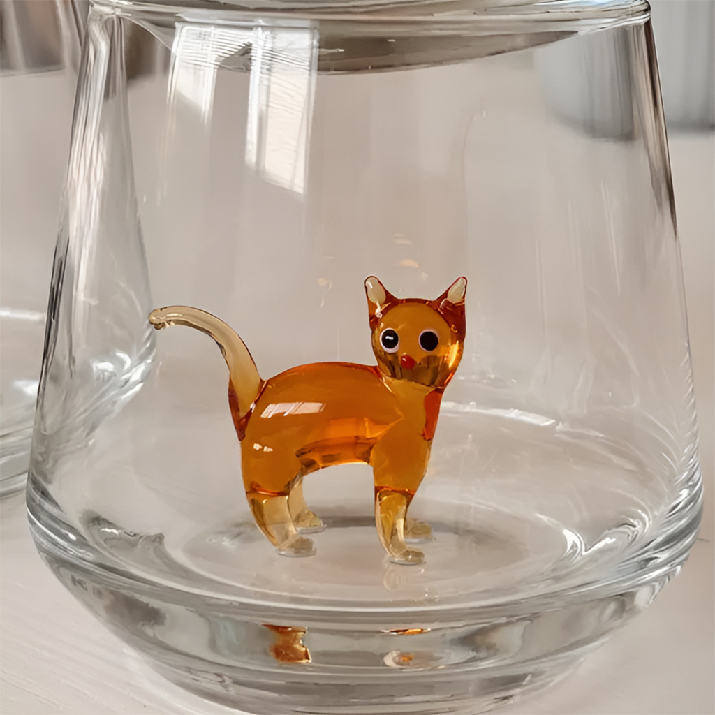Drinking Glass with Cat Figurine
