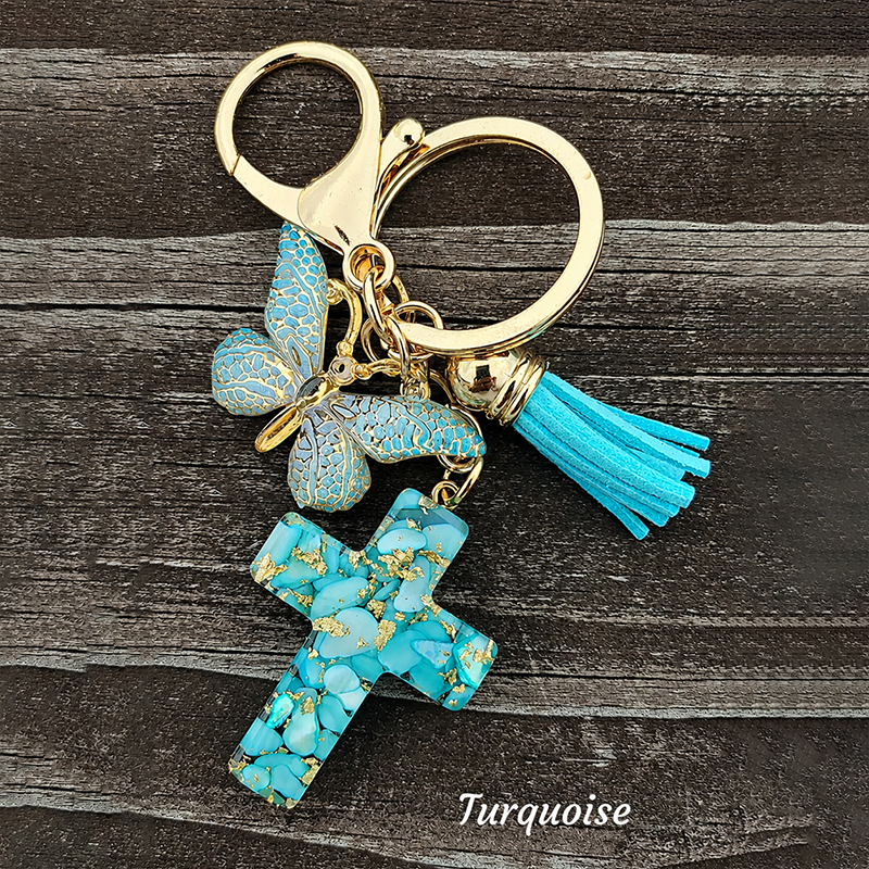 Resin Cross Keychain-Butterfly-Turquoise