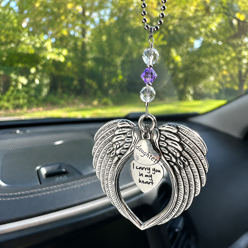 Car Charm with Large Angel Wings, Birthstone Crystal & Family 